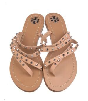 Tory Burch Women's 7.5 Studded Tan Nude Leather Slide Thong Strappy Sandal